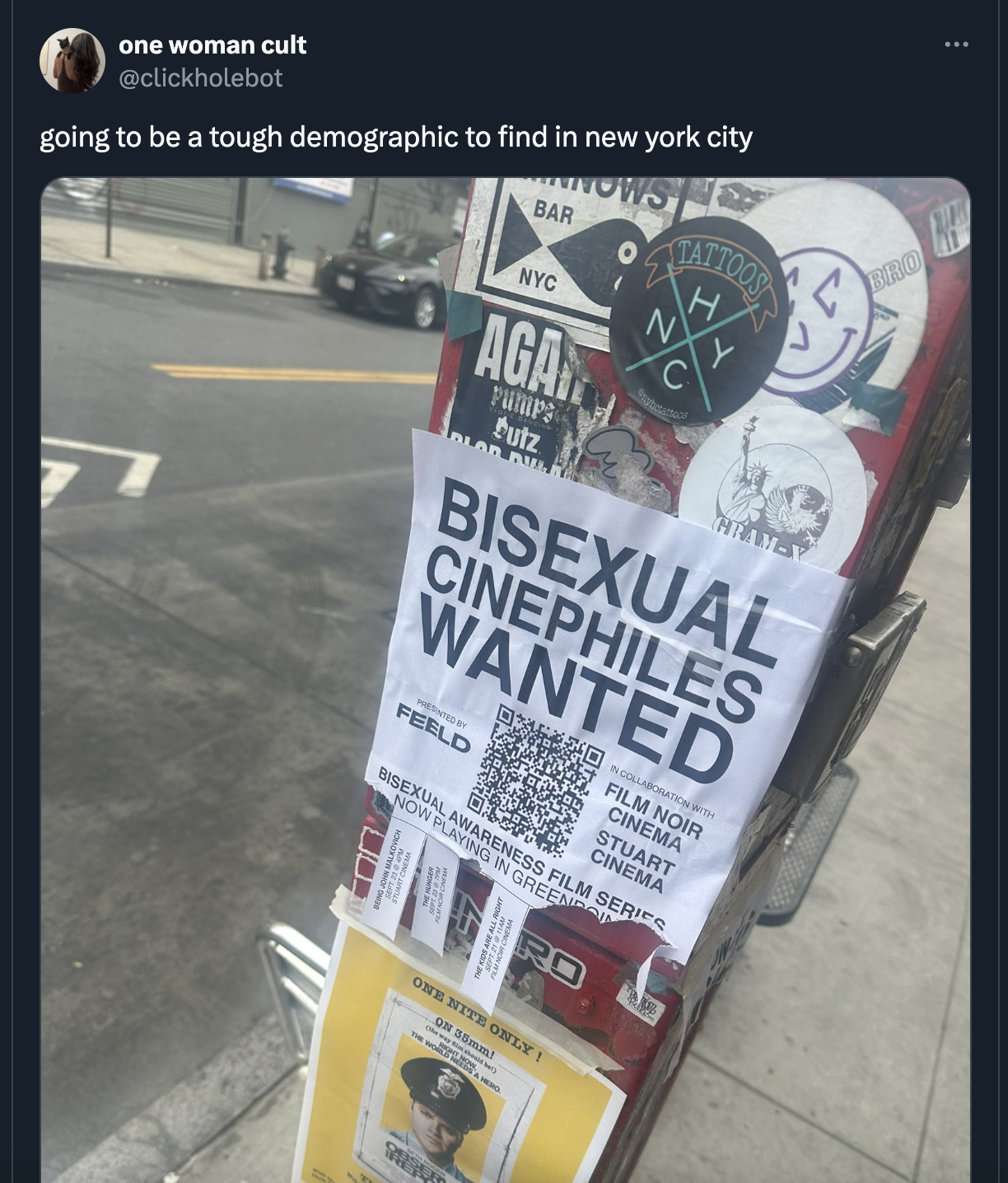 banner - one woman cult going to be a tough demographic to find in new york city Bar Nyc Agan futz HeamY Bisexual Cinephiles Wanted Feeld Film Noir Cinema Stuart Cinema Bisexual Awareness Film Series Now Playing In Green